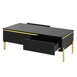 Merax High Gloss Rectangular Coffee Table with Gold Legs & Dual Drawers in Black - thumbnail 9