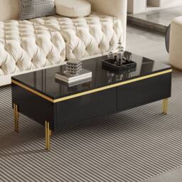 Merax High Gloss Rectangular Coffee Table with Gold Legs & Dual Drawers in Black - thumbnail 1