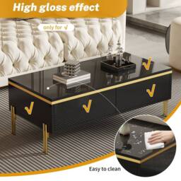 Merax High Gloss Rectangular Coffee Table with Gold Legs & Dual Drawers in Black - thumbnail 5