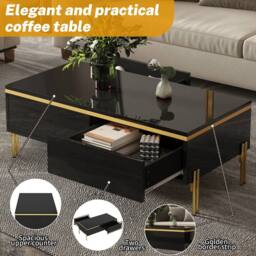 Merax High Gloss Rectangular Coffee Table with Gold Legs & Dual Drawers in Black - thumbnail 7