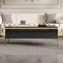 Merax High Gloss Rectangular Coffee Table with Gold Legs & Dual Drawers in Black - thumbnail 4