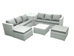 Fimous Rattan Garden Outdoor Furniture Set 8 Seater Rattan Garden Sofa Set with 2 Big Footstools Side Table Light Grey Mixed - thumbnail 1