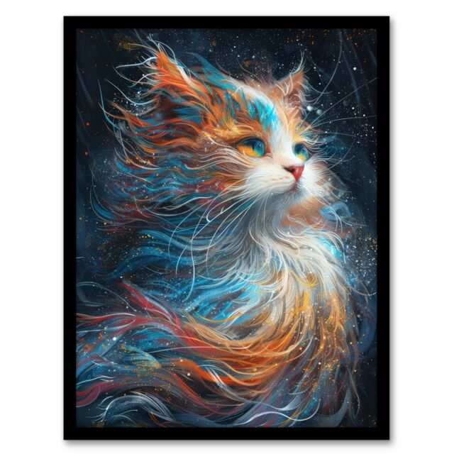 Artery8 Wall Art Print Ethereal Orange Maine Coon Cat Lover Pet Portrait Art Framed Poster in Black - Size: A4 - image 1