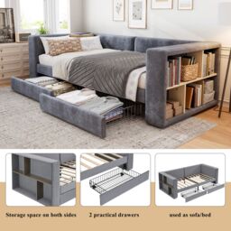 Matteo Upholstered Bed, 3FT Single Bed Daybed Sofa Bed, Side Storage Compartment in Grey - Size: Single Fitted - thumbnail 6
