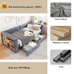 Matteo Upholstered Bed, 3FT Single Bed Daybed Sofa Bed, Side Storage Compartment in Grey - Size: Single Fitted - thumbnail 5