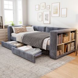 Matteo Upholstered Bed, 3FT Single Bed Daybed Sofa Bed, Side Storage Compartment in Grey - Size: Single Fitted - thumbnail 2