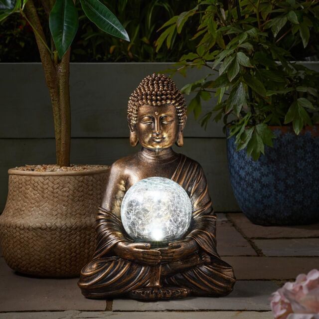 mysmartbuy Solar Powered Buddha Garden Ornament with Light Up Crackle Glass Orb in Bronze - image 1