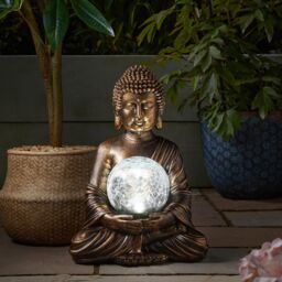 mysmartbuy Solar Powered Buddha Garden Ornament with Light Up Crackle Glass Orb in Bronze - thumbnail 1
