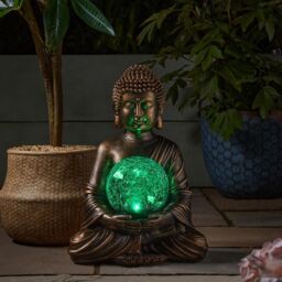 mysmartbuy Solar Powered Buddha Garden Ornament with Light Up Crackle Glass Orb in Bronze - thumbnail 3