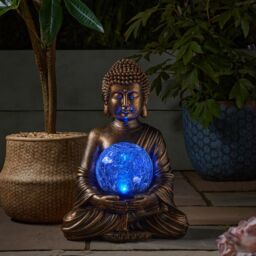 mysmartbuy Solar Powered Buddha Garden Ornament with Light Up Crackle Glass Orb in Bronze - thumbnail 2
