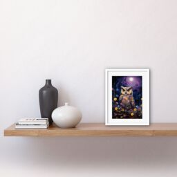 Artery8 Wall Art Print Great Horned Owl Portrait w/ Lavender Full Moon Oil Painting Spring Night in Countryside Flower Meadow Artwork Framed 9X7 Inch - thumbnail 2