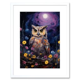 Artery8 Wall Art Print Great Horned Owl Portrait w/ Lavender Full Moon Oil Painting Spring Night in Countryside Flower Meadow Artwork Framed 9X7 Inch - thumbnail 1