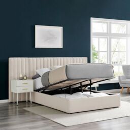 Modish Furnishing Inaya Cream Velvet Wide Panel Fabric Headboard Ottoman Storage Bed King Size - thumbnail 2