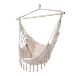 FORGEVIO White Hammock Swing Chair with Tassels, Bohemian Hanging in Off-White