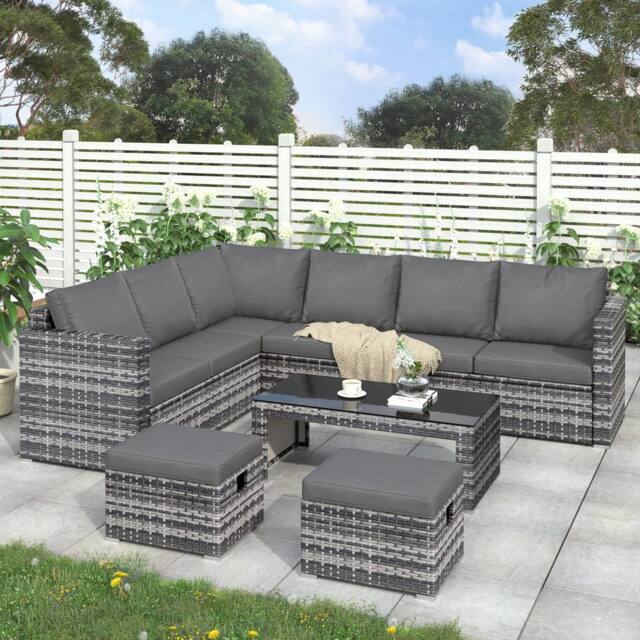 HomeTouch Grey 8 Seater Modern Rattan Garden Corner Sofa Set with Coffee Table - Size: 5 Pack - image 1