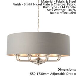 Loops Ceiling Pendant Light - Bright Nickel Plate & Charcoal Fabric - 8 x 40W E14 in Metallics