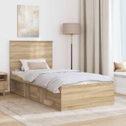 Berkfield Home Bed Frame with Headboard Sonoma Oak 75 x 190 cm Solid Pine Wood in Brown - thumbnail 3