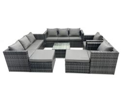 Fimous 10 Seater Patio Lounge Sofa Set with 2 Big Footstool in Dark Grey - thumbnail 1