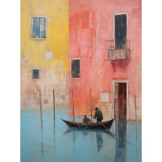 "Artery8 Wall Art Print Venice Canal Gondola Ride Oil Painting Blue Pink Yellow Pastel Colour Rower Boat on River Poster - Size: W24"" x H32""" - image 1