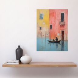 "Artery8 Wall Art Print Venice Canal Gondola Ride Oil Painting Blue Pink Yellow Pastel Colour Rower Boat on River Poster - Size: W24"" x H32""" - thumbnail 2