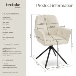 tectake Swivel Chair Lenia Set Of 4 - Velvet Cream/Black in Cream - Size: 4 Pack - thumbnail 6