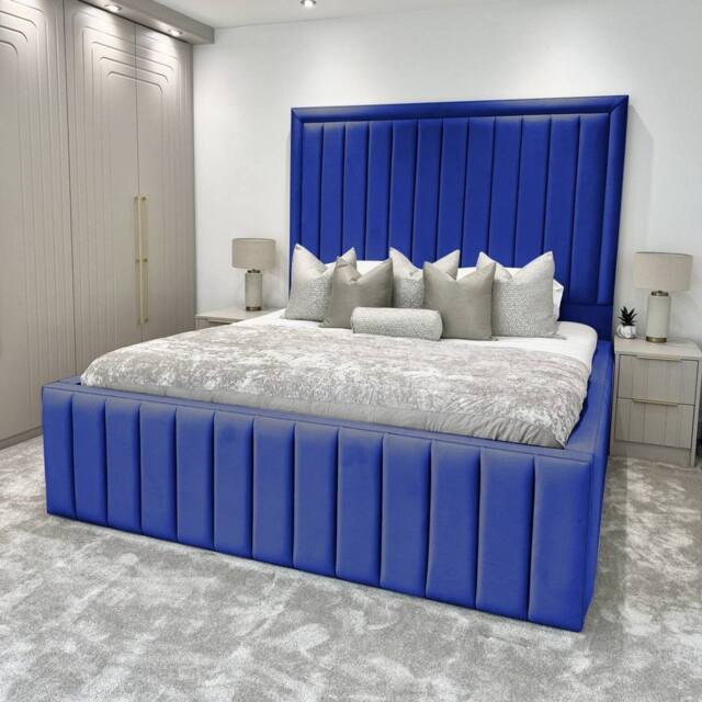 Living Comfort Bedz Hampton Slatted Base Upholstered Bed with 54-Inch panel Headboard in Blue - Size: Super King - image 1
