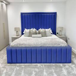 Living Comfort Bedz Hampton Slatted Base Upholstered Bed with 54-Inch panel Headboard in Blue - Size: Super King - thumbnail 2