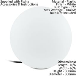 Loops 2 PACK IP65 Outdoor Garden Ball Light White Plastic 1x 40W E27 300mm Globe - thumbnail 2
