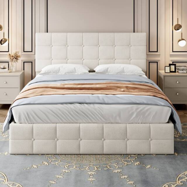 Merax 4ft6 Double Velvet Ottoman Bed with Adjustable Tufted Headboard in Beige - image 1