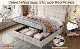 Merax 4ft6 Double Velvet Ottoman Bed with Adjustable Tufted Headboard in Beige - thumbnail 9