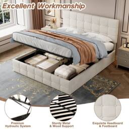 Merax 4ft6 Double Velvet Ottoman Bed with Adjustable Tufted Headboard in Beige - thumbnail 7