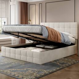 Merax 4ft6 Double Velvet Ottoman Bed with Adjustable Tufted Headboard in Beige - thumbnail 3