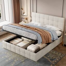 Merax 4ft6 Double Velvet Ottoman Bed with Adjustable Tufted Headboard in Beige - thumbnail 2