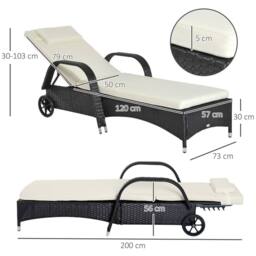 OUTSUNNY Adjustable Wicker Rattan Sun Lounger Recliner Chair w/ Cushion in Black - thumbnail 3