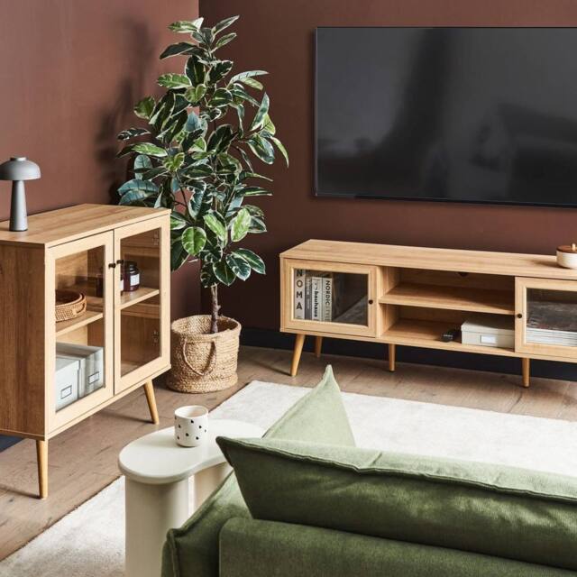 Wyld and Coco Light Brown Particle Board TV Stand Tempered Glass Doors and Pine Legs - image 1