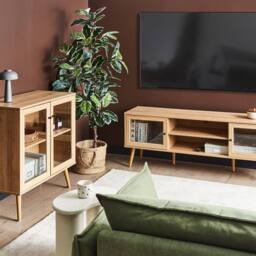 Wyld and Coco Light Brown Particle Board TV Stand Tempered Glass Doors and Pine Legs - thumbnail 1