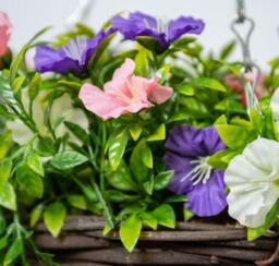 Primrose Artificial Petunia Flowers Rattan Hanging Basket Decoration Pink Purple & White 25cm - thumbnail 2