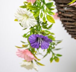 Primrose Artificial Petunia Flowers Rattan Hanging Basket Decoration Pink Purple & White 25cm - thumbnail 4
