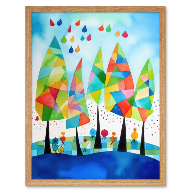 "Artery8 Wall Art Print Abstract Autumn Trees Folk Art Framed in Light Oak - Size: W12"" x H16""" - image 1