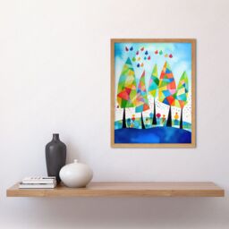 "Artery8 Wall Art Print Abstract Autumn Trees Folk Art Framed in Light Oak - Size: W12"" x H16""" - thumbnail 2