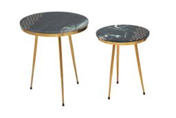 Orsina Green Marble Side Table (Set of 2), Rich Green Marble Tabletops with Gold Iron Criss‑Cross Legs - thumbnail 2