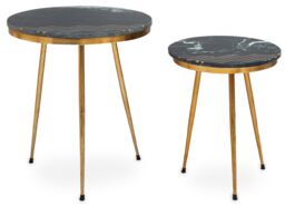 Orsina Green Marble Side Table (Set of 2), Rich Green Marble Tabletops with Gold Iron Criss‑Cross Legs