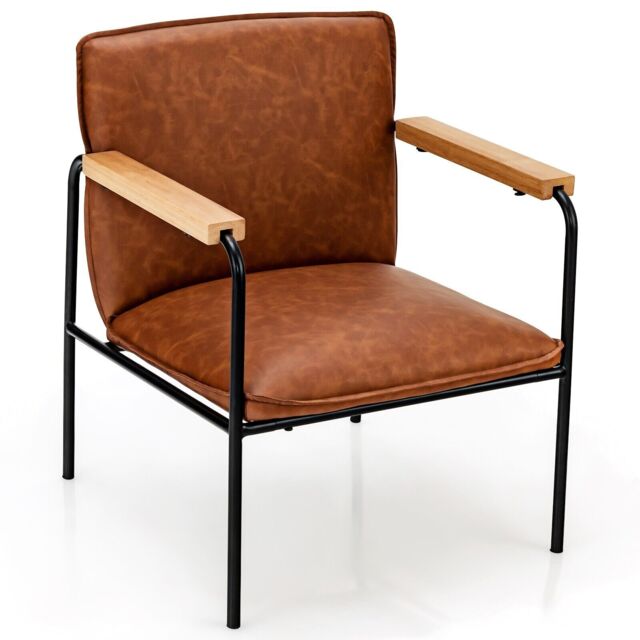 Costway PU Leather Accent Chair Upholstered Armchair With Comfy Backrest & Seat Cushion in Brown - image 1
