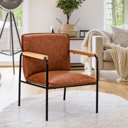 Costway PU Leather Accent Chair Upholstered Armchair With Comfy Backrest & Seat Cushion in Brown - thumbnail 3