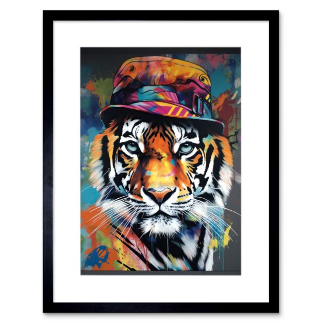 "Artery8 Wall Art Print Tiger Wearing a Bucket Hat Vibrant Multicoloured Artwork Framed 9X7 Inch in Black - Size: W7"" x H9""" - image 1