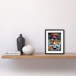 "Artery8 Wall Art Print Tiger Wearing a Bucket Hat Vibrant Multicoloured Artwork Framed 9X7 Inch in Black - Size: W7"" x H9""" - thumbnail 2
