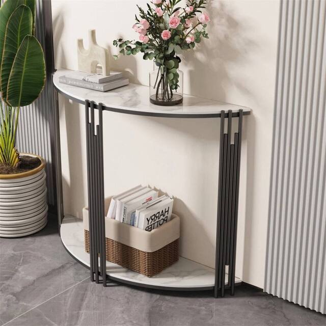 VOGREX Luxury Marble Console Table Semi Circle Entryway Table Geometric in White - image 1
