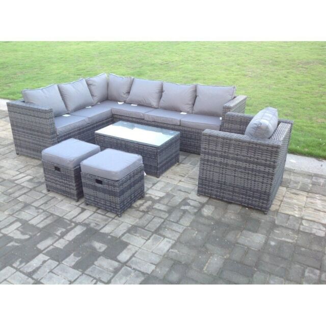 Fimous Rattan Garden Furniture Corner Sofa Set Oblong Coffee Table Chair Footstools in Dark Grey - image 1