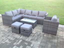 Fimous Rattan Garden Furniture Corner Sofa Set Oblong Coffee Table Chair Footstools in Dark Grey - thumbnail 3
