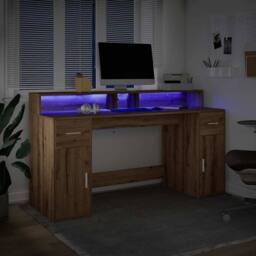 Berkfield Home Desk with LED Lights Artisian Oak 160x55x91 cm Engineered Wood in Brown - Size: 160 x 55 x 91 cm - thumbnail 5
